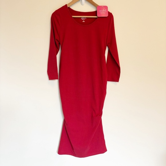 Isabel Maternity Red Bodycon Midi Dress with Long Sleeves size medium - Picture 1 of 8